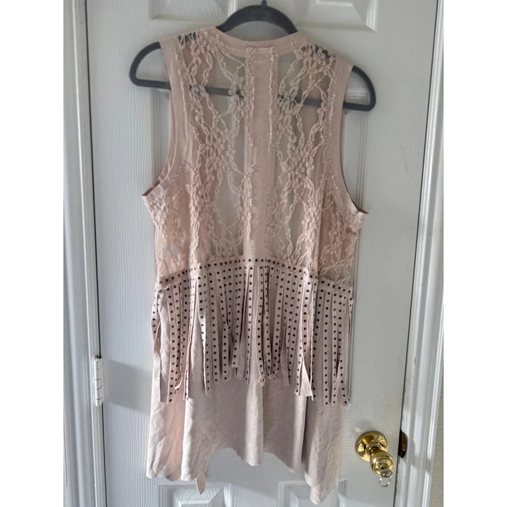 Vocal Boho Lace Fringe‎ Studded Vest Tan Neutral Layering Piece Medium